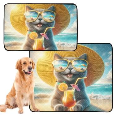 Imagem de TSENQUE Almofadas de xixi, lavável, impermeável, tapete de cercadinho para cães, gato fofo, férias na praia, reutilizável para animais de estimação, almofadas de treinamento de filhotes absorventes