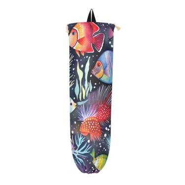 Imagem de Suporte de saco de plástico colorido em aquarela de peixes tropicais, protetor de saco para sacolas plásticas, organizador de sacolas para armazenamento de sacolas plásticas de cozinha, 1 pacote