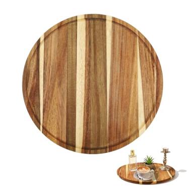 Imagem de Bandeja redonda de madeira de acácia de 35 cm, bandeja decorativa de fazenda para mesa de centro, cozinha, sala de jantar, decoração de casa (marrom)