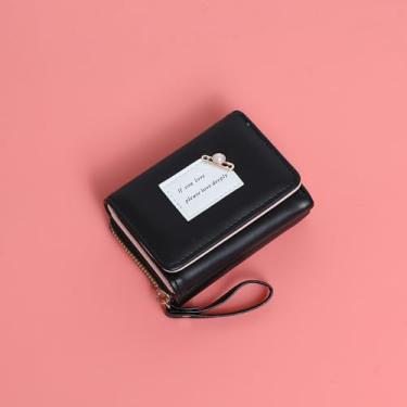 Imagem de Carteira feminina de couro genuíno com dobra dupla/tripla - Suporte minimalista para cartão de crédito com bloqueio de RFID e bolso para moedas, Preto, Casual