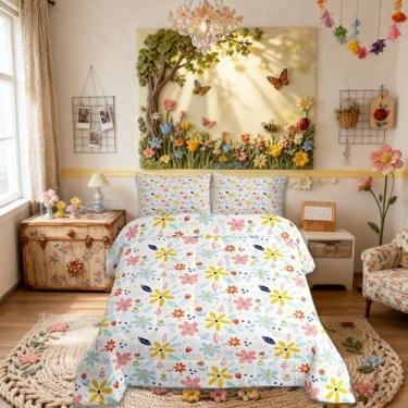 Imagem de Conjunto de edredom infantil adorável de flor, floral e botânico, decoração de quarto de meninas e meninos, edredom kawaii, conjunto de edredom colorido branco, 2 fronhas