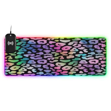 Imagem de CEBUGI Mouse pad de carregamento sem fio com estampa de leopardo arco-íris de 15 W com iluminação LED RGB 14 para jogos, PC, laptop, mesa de 80 x 30 cm