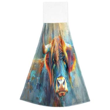 Imagem de Joisal Toalhas de cozinha Highland Cow com laço para pendurar conjunto de 2 toalhas de banheiro altamente absorventes, toalha de cozinha para decoração de casa 46 x 35 cm