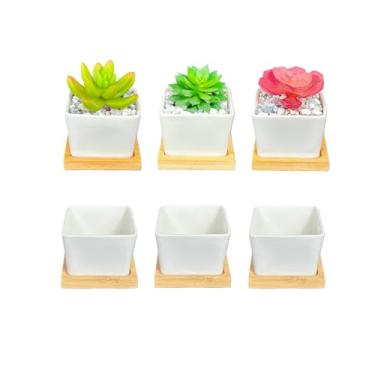 Imagem de Mekenluo Pacote com 6 mini vasos de suculentas de cerâmica branca com pires de bambu e orifício de drenagem, vasos de flores pequenos de 6 cm para lembrancinhas de casamento, decoração de casa e