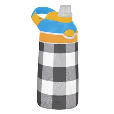 Imagem de Garrafa de água xadrez búfalo preto e branco para crianças com canudo 473 ml 473 ml Garrafa de água esportiva Tritan reutilizável portátil copo de viagem infantil, à prova de vazamento, alça de