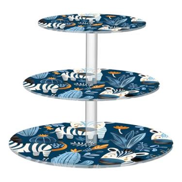 Imagem de Suporte de cupcake de 3 níveis para festa, exibição de acrílico, torre de cupcake, suporte de bolo para festa, sobremesa, petisco, casamento, desenho fofo, zebras, cacto, azul