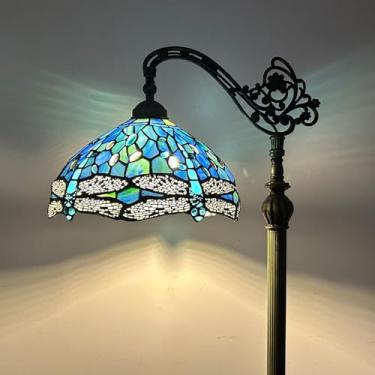 Imagem de Luminária de chão estilo Tiffany com libélula em vitral, 30x45x160 cm, haste flexível ajustável, para leitura em cantos, ideal para quarto e sala de estar, azul.