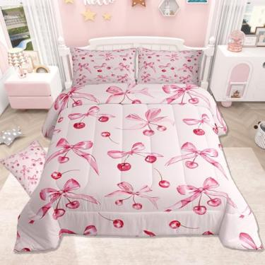 Imagem de jejeloiu Jogo de cama kawaii oriental cerejeira, tamanho casal, princesa, decoração de quarto de meninos, meninas, adolescentes, conjunto de edredom com laço de aquarela, fruta, respirável, macio