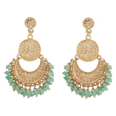 Imagem de Touchstone Brincos indianos para mulheres, joias de ouro, lustre folclórico, pendurado, chandbali, declaração cigana, tradicional, casamento, noiva, acessórios modernos de bollywood em tom dourado