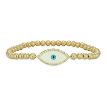 Imagem de Pulseira com contas de olho turco preenchida com ouro 14 quilates – Esmalte branco e acento de zircônia cúbica, design elástico elástico, joia de proteção resistente a manchas para mulheres, 7.5