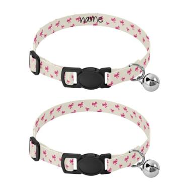 Imagem de SEHANY Conjunto de 2 coleiras de cachorro com laço rosa fofo, fivela de plástico resistente, leve, macia e leve, com sino pequeno, coleiras personalizadas com nome de animal de estimação para meninos