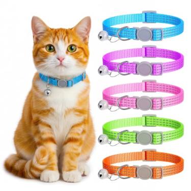Imagem de 5 coleiras reflexivas para gatos com sinos, coleiras ajustáveis para gatinhos com fivela de segurança macia colorida coleira para gatos para meninas meninos e gatos, coleira de segurança para