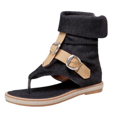 Imagem de Sandálias femininas rasteiras com clipe de dedo para cinto jeans fivela de cinto de cano alto sandálias de espinha de peixe casual ao ar livre, sandálias de praia de verão para mulheres, Preto, 34