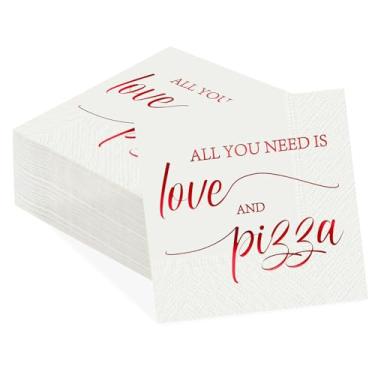 Imagem de 100 guardanapos de papel de casamento de pizza com 3 camadas, tudo o que você precisa é amor e pizza, toalhas de mão absorventes descartáveis papel alumínio vermelho guardanapos brancos para