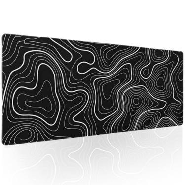 Imagem de Tapete de rato topográfico preto para jogos XL Topo Linhas brancas Minimalista Fresco Tapete Grande Tapete de Mesa Tapete de Mesa Base de Borracha Antiderrapante Borda Costurada Tapete de Teclado para