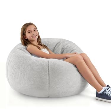 Imagem de Cadeira de pufe macia e moderna com capa de pele sintética de coelho, cadeiras de saco de feijão de espuma de memória para crianças adolescentes, pufe de tecido de pele sintética peludo, felpudo