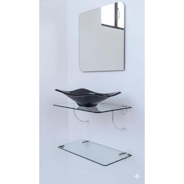 Imagem de Kit Cuba Espelho e Prateleira de Vidro para Banheiro 53cm (Preto)
