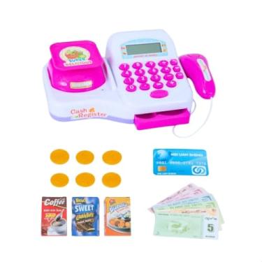 Imagem de Caixa Registradora Infantil com Acessórios, Kit Completo com Luz e Som, Scanner, Dinheiro, Cartão e Moedas, Rosa e Roxo, Funciona a Pilha