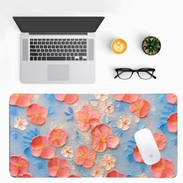 Imagem de Tapete de mesa com flores de pintura a óleo para mulheres, almofada de mesa grande de couro PU com base antiderrapante, capa de teclado de escritório estética para jogos e trabalho em casa, decoração