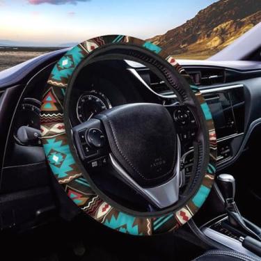 Imagem de Wanyint Southwest Aztec Teal Brown Capa de volante de carro macia stretch protetor de direção automática para mulheres e homens, acessórios automotivos universais para a maioria dos veículos