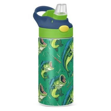 Imagem de IHCVHQX Garrafa de água infantil Bass Fish Green com tampa de palha, copo de aço inoxidável de parede dupla, copo de viagem à prova de vazamento para meninos e meninas