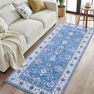 Imagem de Smiry Tapete floral, estampa vintage de 6 x 1,8 m, lavável na máquina, tapete antiderrapante para sala de estar, quarto, sala de jantar, lavanderia, decoração de casa interna, azul