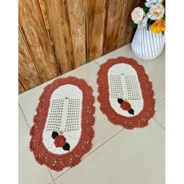 Imagem de Kit 2 Tapetes 70x50cm Oval Bordado Crochê Artesanal (Tijolo)