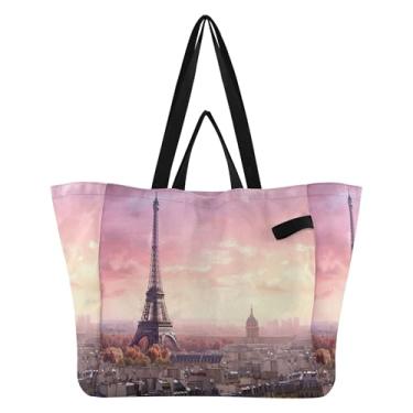 Imagem de SEHANY Sacola de compras reutilizável da Torre Eiffel de Paris com alças reforçadas, bolsa de compras de lona dobrável à prova d'água de grande capacidade para viagem, cozinha, praia