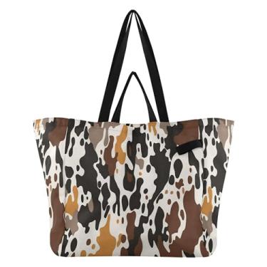 Imagem de SEHANY Sacolas de compras reutilizáveis com estampa de vaca marrom e branca com alças reforçadas, bolsa de compras de lona dobrável à prova d'água de grande capacidade para viagem, cozinha, praia