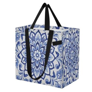 Imagem de SEHANY Sacolas de compras reutilizáveis de porcelana azul e branca com alças reforçadas, bolsa de compras de lona dobrável à prova d'água de grande capacidade para viagem, cozinha, praia