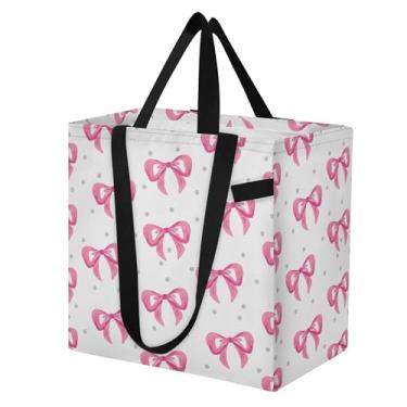 Imagem de SEHANY Sacolas de compras reutilizáveis com laço rosa fofo com alças reforçadas, bolsa de compras de lona dobrável à prova d'água de grande capacidade para viagem, cozinha, praia
