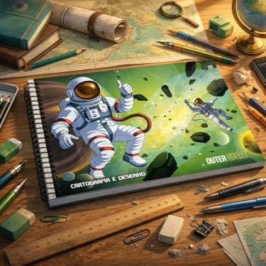 Imagem de Caderno de Cartografia e Desenho Outer Space, 60 Folhas, Tema Espacial, 27,5 x 20 cm, Espiral, Papel e Metal