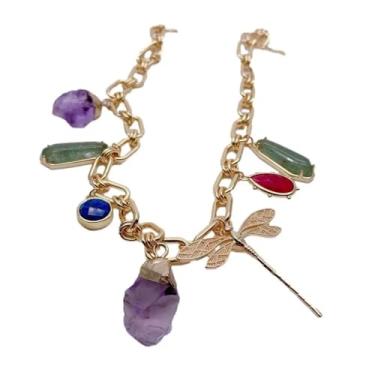 Imagem de DWBPGVUN Colar gargantilha banhado a ouro 15 x 25 mm com várias pedras preciosas, lápis-lazúli, jade, 11 x 27 mm