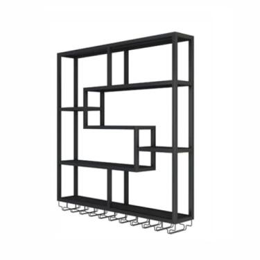 Imagem de Rack de vinho industrial montado na parede prateleiras flutuantes de metal prateleiras de armazenamento de ferro copos de vinho suporte suspenso para bar casa sala de jantar cozinha (cor: preto