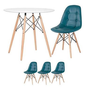 Imagem de Kit - Mesa redonda Eames 80 cm branco + 3 cadeiras estofadas Eiffel Botonê Turquesa