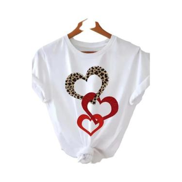 Imagem de Camiseta Casual Feminina Com Estampa De Coração, Manga Curta, Decote R