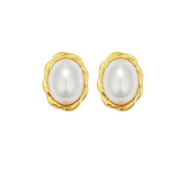 Imagem de Leshanxing Brincos de pérola elegantes para mulheres – Brincos ovais de corda torcida pequenos banhados a ouro 18 K, hipoalergênicos, leves, delicados, joias vintage, presente para aniversário dela