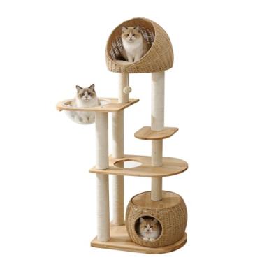 Imagem de JLDUQKUM Árvore de gato moderna de madeira para gatos internos, torre de vários níveis de 140 cm com poste arranhador para gatos grandes, condomínio resistente para gatos com duas cestas e cápsula