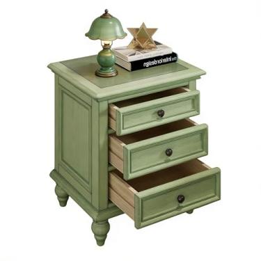 Imagem de Mesa de cabeceira moderna de meados do século com 3 gavetas, mesa de canto rústica para sofá com 4 pernas de madeira maciça, design de coluna romana, mesa de canto de fazenda, para quarto, sala de