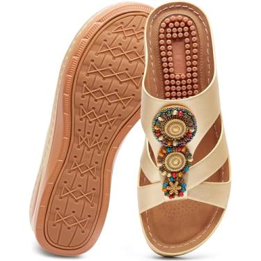 Imagem de FUDYNMALC Sandálias ortopédicas femininas deslizantes: sapatos elegantes de verão feitos à mão com contas casuais para caminhada com suporte confortável para fascite plantar, Dourado, 34