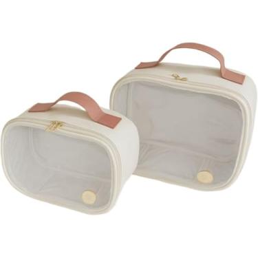 Imagem de Nécessaire/caixa de armazenamento transparente de duas peças, que pode acomodar artigos de higiene pessoal ou fraldas descartáveis. (Rosê)