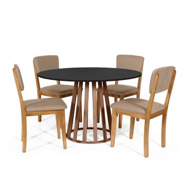 Imagem de Mesa De Jantar Redonda Gabi Pret/nor Com 4 Cadeiras Estofadas Ella Marrom Claro