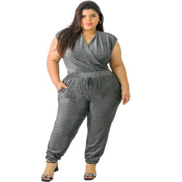Imagem de Calça Jogger Brilho Lurex Bolsos Cintura Média Plus Size-Feminino