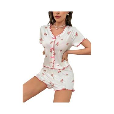 Imagem de Conjunto De Pijamas Femininos Com Estampa Floral 2 Peças Confortáveis 