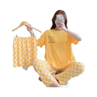 Imagem de Conjunto De Pijamas Femininos De Verão Em Três Peças, Camiseta De Mang