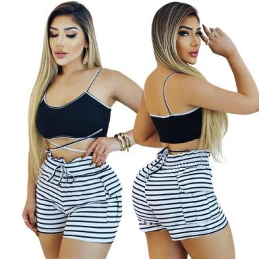 Imagem de Conjunto Feminino Top com Alça e Short Ajustável Branco Listrado - Ata