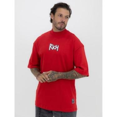 Imagem de Camisa Camiseta Oversized Gola Alta Estampa Contour Streetwear Algodão Premium Vermelho-Masculino