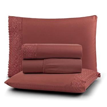 Imagem de Jogo de Cama Lençol Queen 4 Peças 200 Fios Lençol Plano Detalhe Bordad
