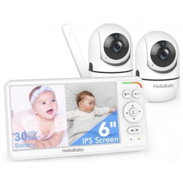 Imagem de Babá Eletrônica HelloBaby 2 Câmeras Tela IPS 6" Dividida Bateria 30h Pan Tilt Zoom HB6560-2 Branco