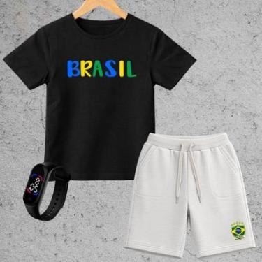 Imagem de Conjunto Infantil Brasil Camiseta e Short Moletinho Menino Roupa Copa Estilo Esportivo Confortável-Masculino
